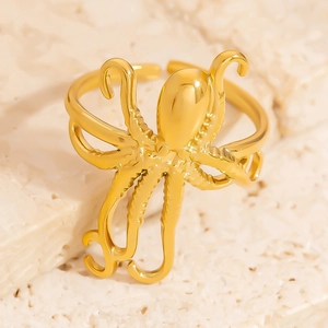 Adjustable 18K gold octopus open ring in polished stainless steel for women