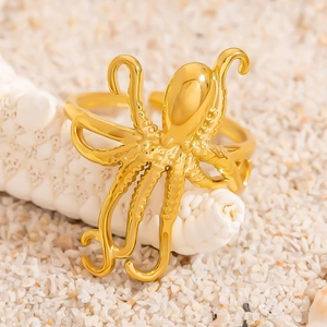 Exaggerated 18K gold octopus open ring with detailed ocean series design for women