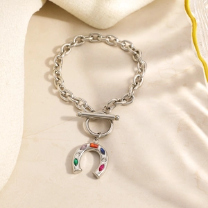 Silver stainless steel chain bracelet with colorful zircon horseshoe and OT clasp detail
