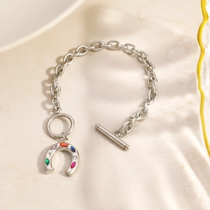 Silver stainless steel chain bracelet with colorful gemstone horseshoe pendant and OT clasp