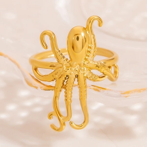 Polished 18K gold plated octopus ring with adjustable tentacles in stainless steel
