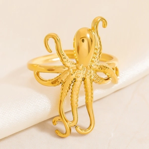 Exaggerated 18K gold plated octopus ring with detailed suction cup texture and sea design