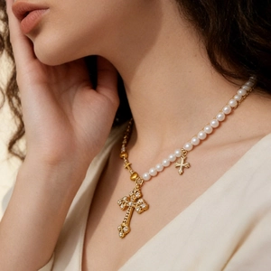 Vintage Stainless Steel 18K Gold Plated Patchwork Artificial Pearl Necklace For Women Cross Heart Zirconia Pendant Luxury Jewelry