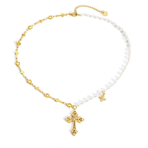 Baroque stainless steel cross pendant necklace with pearls and gold heart charms