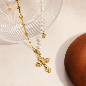 18K gold plated stainless steel necklace featuring a cross pendant and pearls