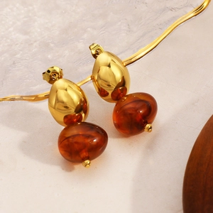 Vintage 18K gold plated stainless steel earrings with oval amber resin pendants