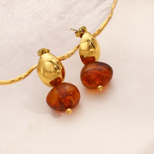 Vintage 18K gold plated stainless steel drop earrings with amber resin oval charms