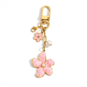 Chic 18K gold plated stainless steel bag charm with pink flower and pearl pendants