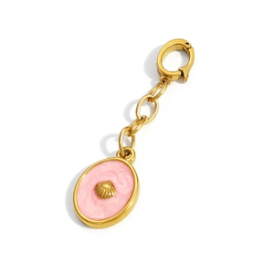 Gold-plated stainless steel bikini pendant with pink enamel shell design on white background