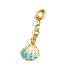 Golden stainless steel ocean-themed shell pendant with blue and white enamel gradient