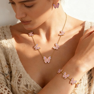 Schmetterling Edelstahl Halskette Armband Ohrringe 18K Vergoldet Farbverlauf Emaille Pink Lila Schmuck Für Damen