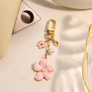 Pink flower keychain with 18K gold plated chain and white pearls for women