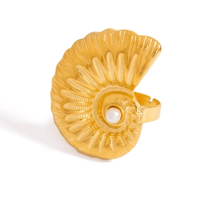 Exquisite golden nautilus shell ring with pearl detail for women in ocean style