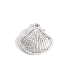 Polished silver stainless steel seashell pendant with detailed fan-shaped texture engraving