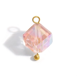 Peach pink crystal prism pendant with golden loop and iridescent AB coating for DIY jewelry