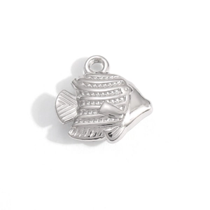 Minimalist silver tropical fish pendant in stainless steel with detailed striped engraving