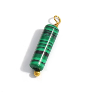 Malachite striped cylindrical pendant with gold caps on a clean white background