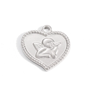 Detailed view of silver heart pendant featuring Cupid angel relief and beaded edge