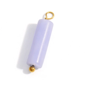 Minimalist light purple cylindrical pendant with golden metal ring and beads on white background