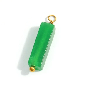 Detailed view of a green jade cylinder pendant with golden metal ring and beads decoration