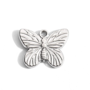 Polished stainless steel butterfly pendant with detailed wing patterns and ring loop