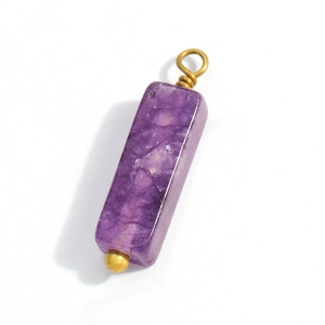 Rectangle purple natural stone pendant with gold wire wrap and crystal texture