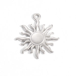Detailed view of silver stainless steel sun pendant with a polished mirror finish