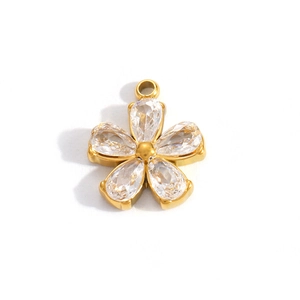 Detailed view of 18K gold plated flower pendant with five teardrop-shaped zircon crystals