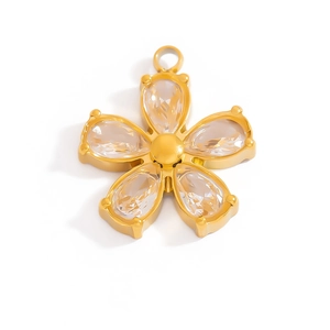 18K gold plated flower pendant with pear-cut crystals and a polished metal core