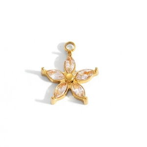 Detailed close-up of a golden flower pendant with five marquise-cut cubic zirconia petals