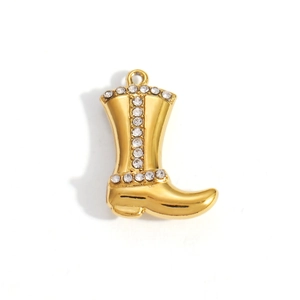 Detailed macro view of golden boot pendant featuring sparkling white rhinestone rows