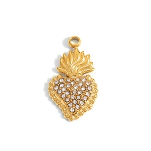 Vintage gold sacred heart pendant with flame detail and pavé cubic zirconia inlay