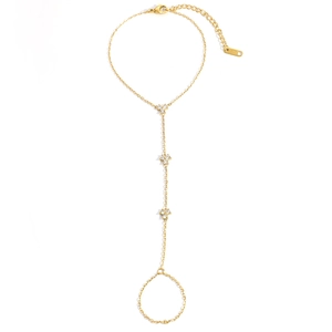 18K gold plated stainless steel clover slave bracelet with ring and clear zircon stones