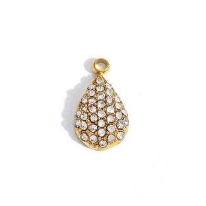 Detailed view of water-drop shaped pendant in 18K gold finish with pavé set white crystals