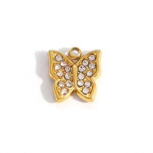 Detailed view of gold butterfly pendant with sparkling cubic zirconia inlay and ring