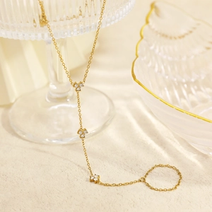 18K gold plated stainless steel finger bracelet with sparkling clover zircon pendants
