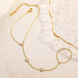 Minimalist 18KGP gold flower slave bracelet with sparkling zircons for women