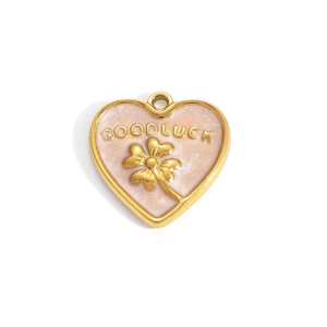 18K gold plated heart charm with pink enamel, lucky clover design and goodluck text