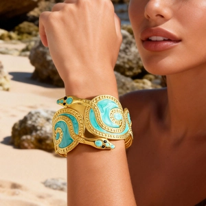 Vintage Stainless Steel Snake Wrap Cuff Bracelet For Women 18K Gold Plated Enamel Animal Design Artistic Adjustable Bangle