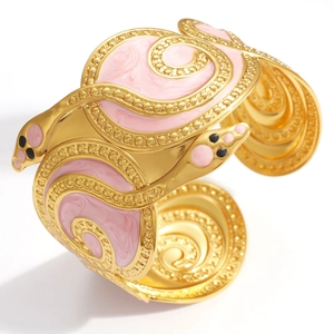 Adjustable snake-shaped gold plated stainless steel bangle with pink marble enamel inlay
