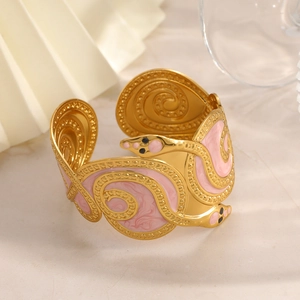 Retro snake wrap bangle with 18K gold plating and pink marble pattern enamel finish