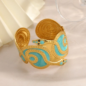 Vintage 18K gold plated snake-shaped wrap cuff bracelet with blue turquoise enamel