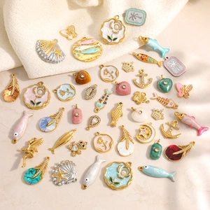 Stainless Steel Ocean Theme Pendants DIY Jewelry Making Enamel Fish Shell Butterfly Flower Coconut Tree Charms Rhinestone Artificial Pearl Necklace Access