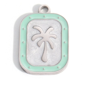 Ocean series stainless steel pendant with mint green enamel and silver palm tree detail