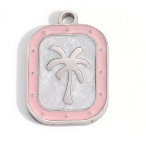 Detailed close-up of a pink enamel rectangle pendant featuring a silver coconut tree motif