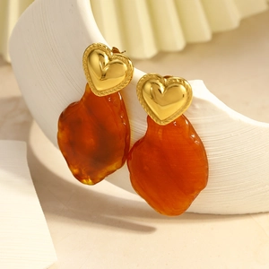 18K gold plated heart earrings with irregular amber resin stones in minimalist style