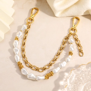 Double-layered 18K gold plated bag chain with Baroque pearls and metal ball accents