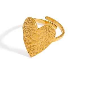 18k gold plated stainless steel heart ring with hammered texture and adjustable open band