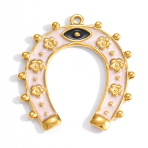Golden horseshoe pendant with pink enamel, floral relief and evil eye detail