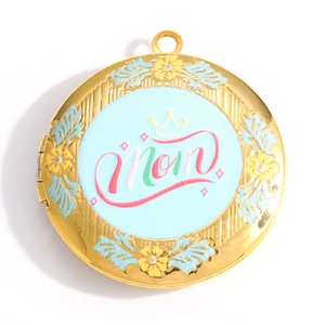 Golden Mom locket pendant with blue enamel crown and floral engraving for jewelry making